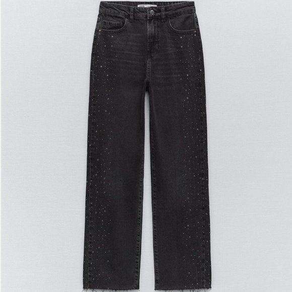 Zara STRAIGHT CUT BEADED ANKLE JEANS WITH A HIGH WAIST - Picture 6 of 11